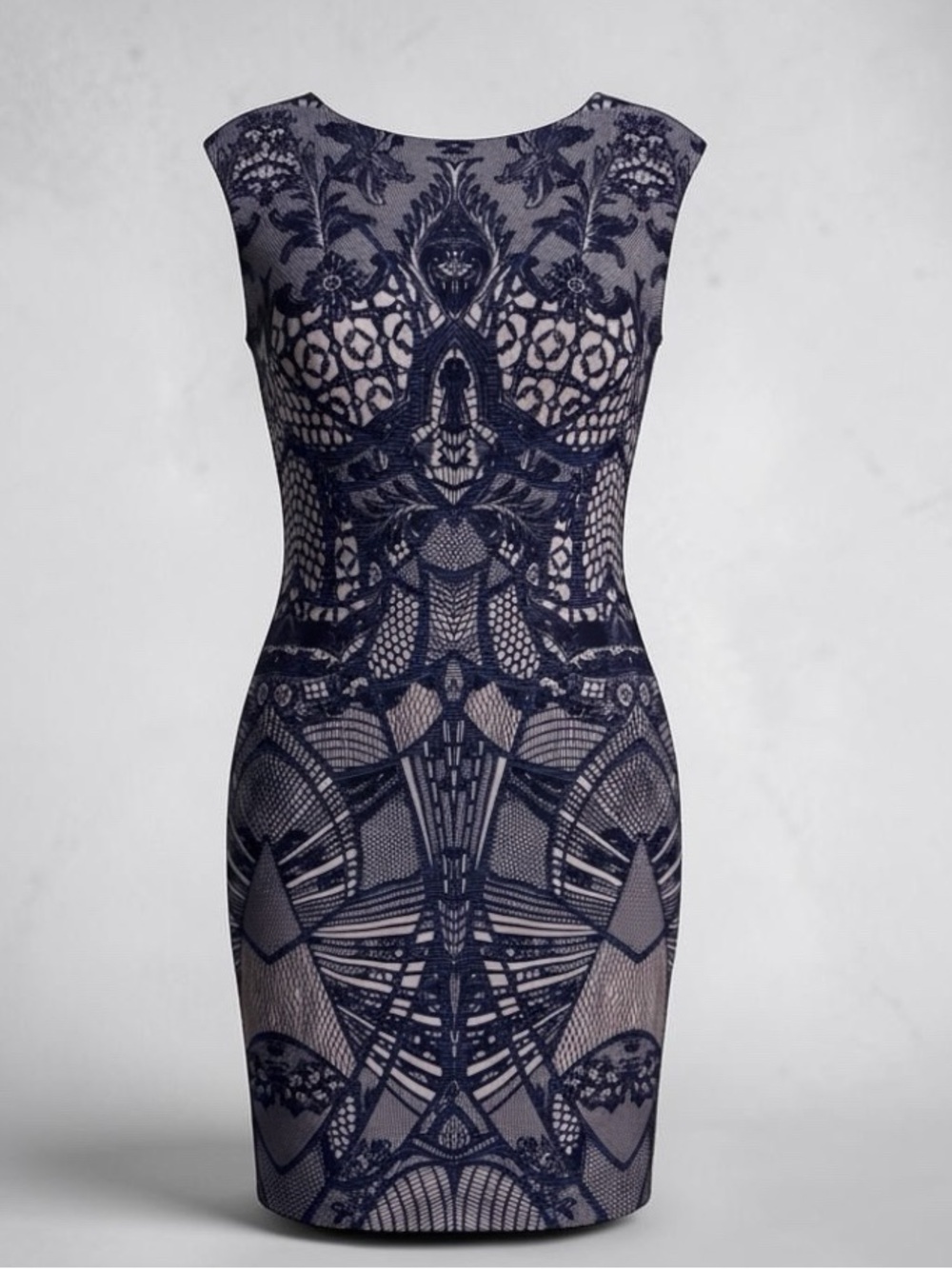 db established 1962 Blue & Black Illusion Lace Print Sheath Dress Size 12